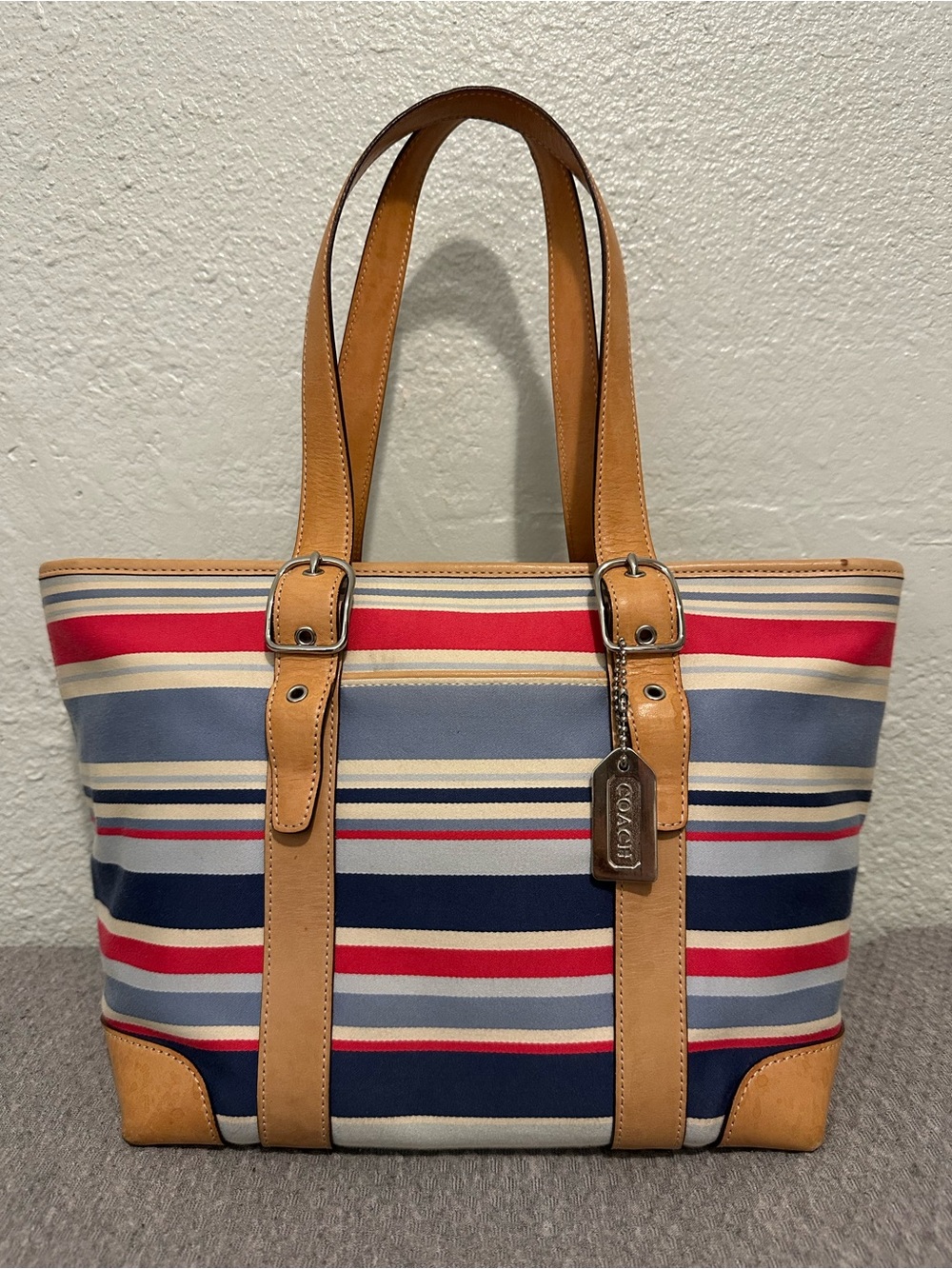 Vintage Coach Hampton Striped Canvas & Leather Blue/Red